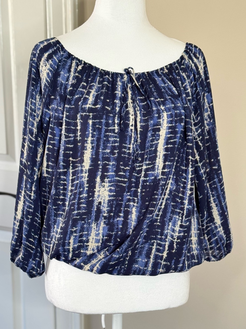 Navy Blue Patterned Peasant Top